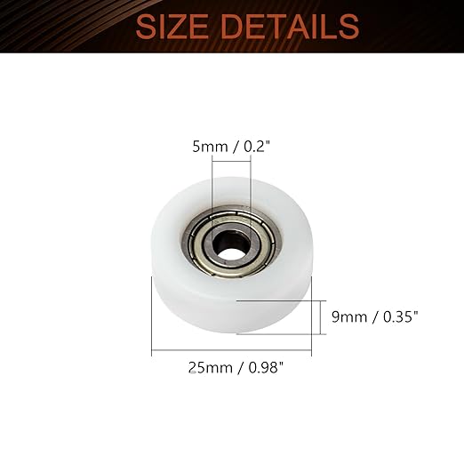 MroMax Roller Idler Bearing Pulley-5 x 25 x 9mm Sliding Conveyor Nylon Wheel with 625ZZ Bearing for Furniture, Hardware Accessories and Mobile Door White 4Pcs