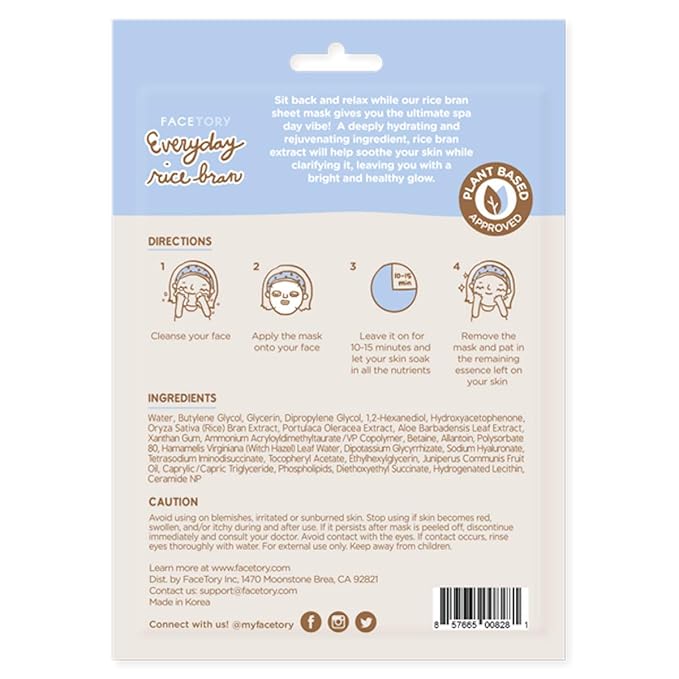 FACETORY K Beauty Face Mask Skin Care - Everyday RICE BRAN Soothing Sheet Mask | Plant-Based Rice Face Mask (5 Pack)