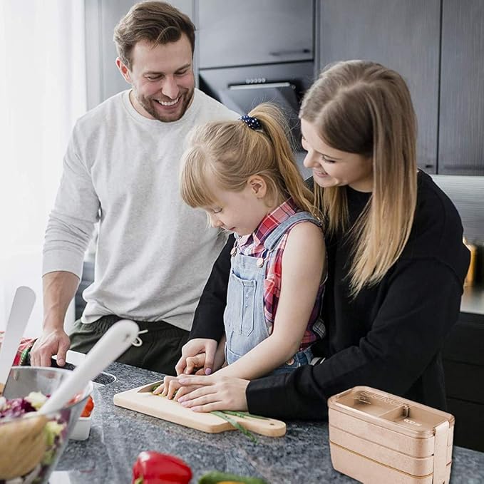 Iteryn Bento Adults Lunch Box, Stackable Bento Box, 3-In-1 Compartment - Wheat Straw, Leakproof Bento Lunch Box Meal Prep Containers