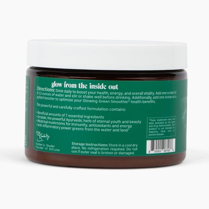 Solluna by Kimberly Snyder Glowing Greens Powder — Spirulina, Cordyceps, Chlorella, Moringa, Ashitaba, Amalaki, Monk Fruit — Superfood Supplement for Energy & Mood (30 Servings) Vegan & Non-GMO