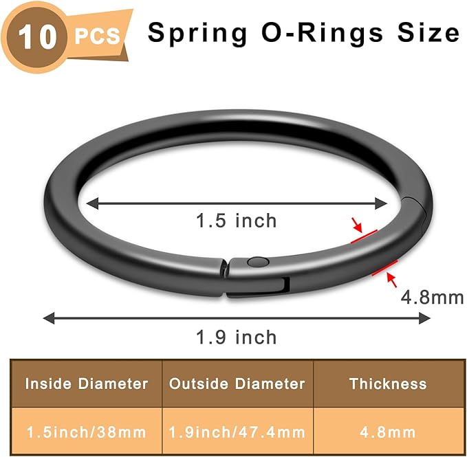 10Pack 1-1/2" Large Round Carabiner Clips, Metal Spring O Rings for Organizer Key Rings, Paracord Keychain Lanyard, Pet Chains, Purse Hardware, Key Snap Hooks DIY Accessory (Black)