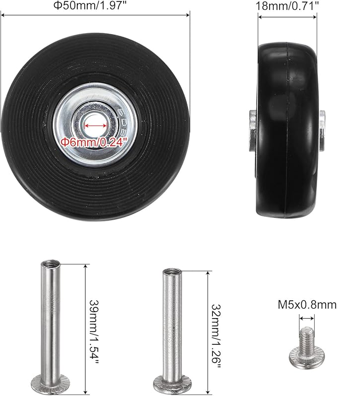 uxcell Replacement Luggage Wheels 50x18mm Suitcase Wheel Repair Kits Include 2 PU Bearing Wheels & Washers, Wrenches & Axle Screw for Trolley Bag, Inline Skate and Caster Board