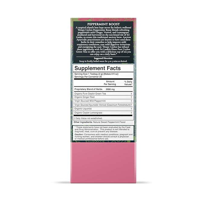 Tรฉrapy Ceylon Peppermint Tea | All Natural Herbal Ingredients | 100% Organic Peppermint Tea Bags Individually Wrapped | Eco-friendly & Unbleached Herbal Tea Bags | 20 Count