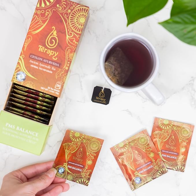 Tรฉrapy Ceylon's PMS Balance Tea For Women - 100% Natural Herbal Ingredients - Soothing Support for PMS Relief, Monthly Cycle Period Tea - Red Hibiscus, Cumin, Licorice & More Herbs