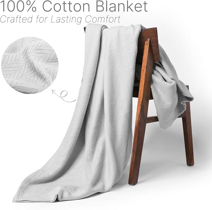 100% Cotton Herringbone Weave Blankets, 90"X90" Queen, Throw Blanket for Bed,All Season Cotton Blanket, Cozy Blanket,Throws Bed Blanket,Throw Blanket for Couch,Modern Home Decor -Light Grey