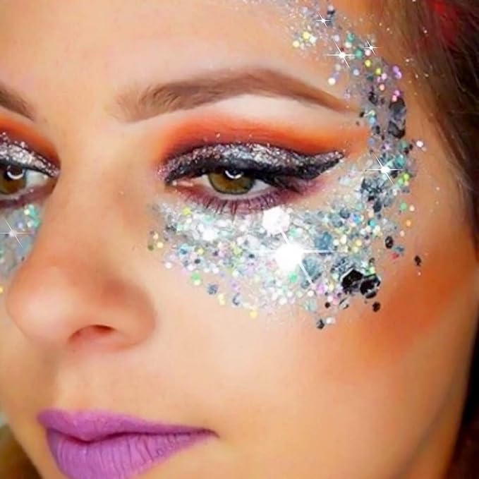 Go Ho Silver Face Body Glitter Gel,Singer Concerts Silver Face Paint Makeup,Holographic Chunky Glitters for Hair/Lip/Nails on Party Halloween Makeup,Festival Rave Accessories,52g