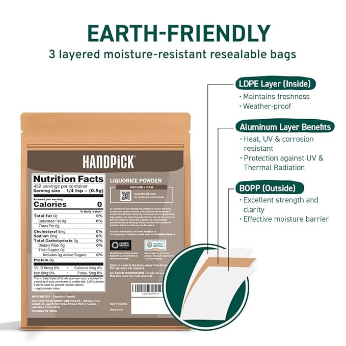 HANDPICK Licorice Root Powder (226g/8oz) Non GMO, Gluten Free, 100% Raw Ground Mulethi, Sourced from India, Glycyrrhiza Glabra, Packed in Resealable Ziplock Pouch