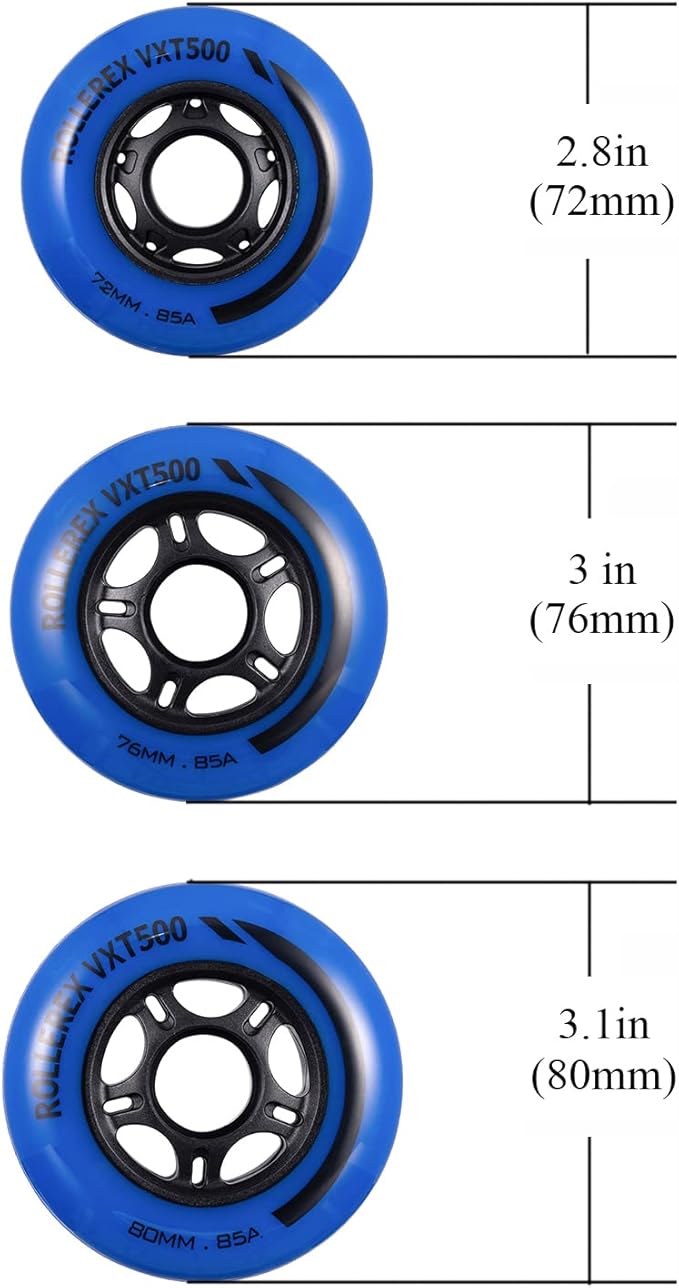 Rollerex VXT500 Inline Skate Wheels (8-Pack) (Various Size & Color Options Available) -Indoor Outdoor- Intended for Roller Blade Wheel Replacement