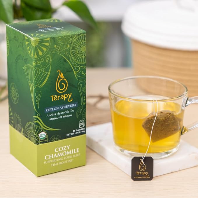 Tรฉrapy Ceylon CHAMOMILE TEA | USDA Organic Herbal Tea Bags | 100% Natural Ayurvedic Ingredients including Organic Chamomile, Ashwagandha, Cinnamon & Licorice| 20 Individually Wrapped Tea Bags