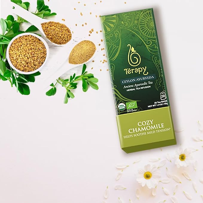 Tรฉrapy Ceylon CHAMOMILE TEA | USDA Organic Herbal Tea Bags | 100% Natural Ayurvedic Ingredients including Organic Chamomile, Ashwagandha, Cinnamon & Licorice| 20 Individually Wrapped Tea Bags