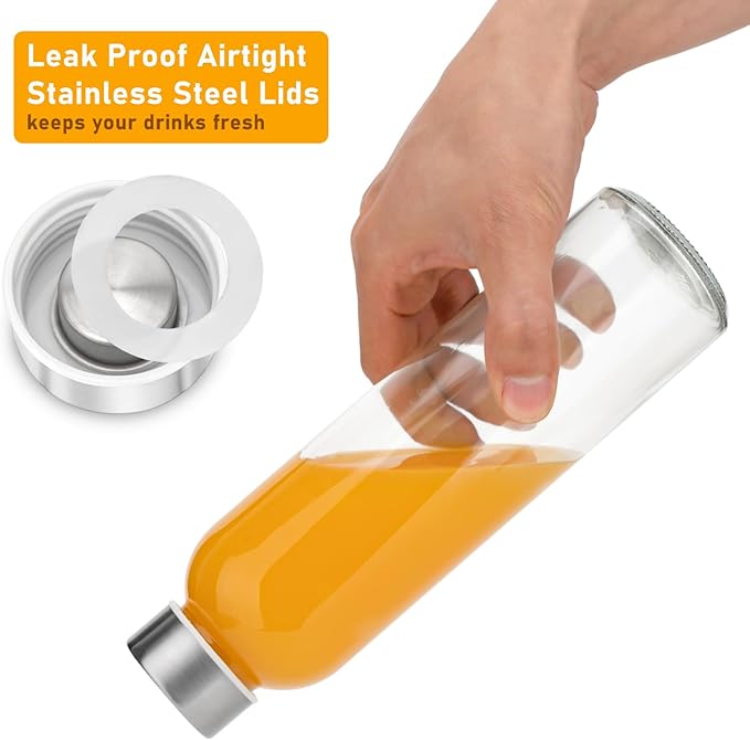 Sursip 18oz Glass Water Bottle Set of 6, Clear glass juice bottle for juicing,Reusable Drinking Bottles with Stainless Steel Lid,Beverage Storage Containers for Refrigerator-BPA Free,Leak Proof