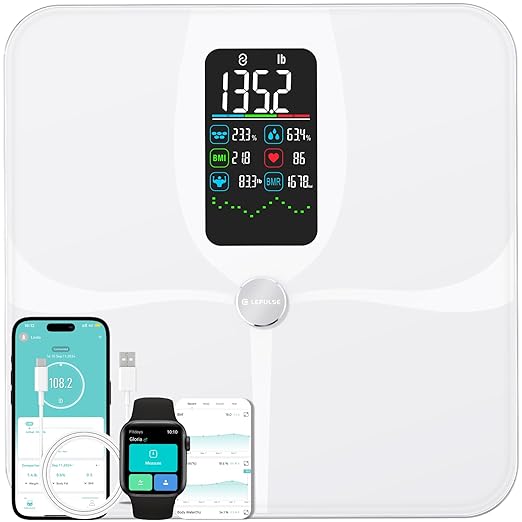 Lepulse Smart Weight Scale With BMI Body Fat Muscle Mass, 4.68" Large Display With Trend, High Accurate 22 Composition Scale With Heart Rate, Bathroom Scale With App, White