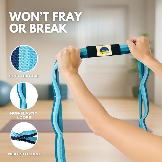 California Yoga Strap | Yoga Belt with Loops | 12 Multi Loop & Non-Elastic | Stretching Strap | Gym Workout & Exercise Bands | Physical Therapy | Improves Sitting Posture for Women & Men
