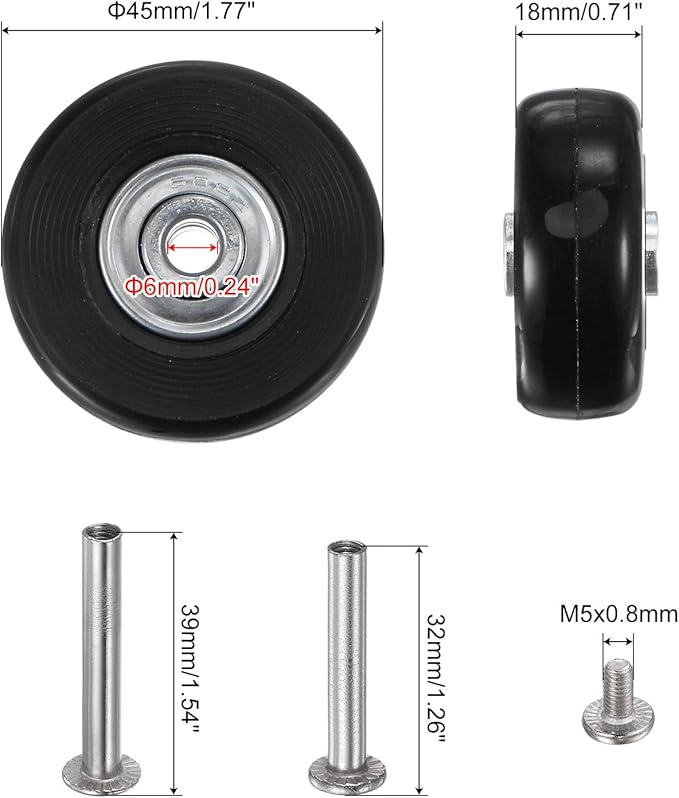uxcell Replacement Luggage Wheels 45x18mm Suitcase Wheel Repair Kits Include 2 PU Bearing Wheels & Washers, Wrenches & Axle Screw for Trolley Bag, Inline Skate and Caster Board