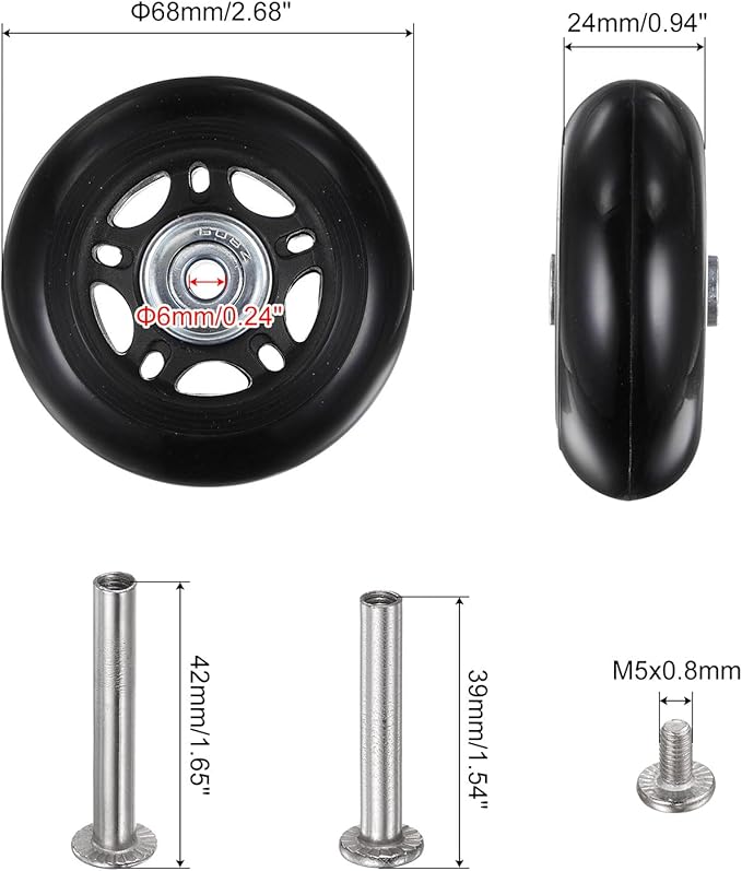 uxcell Replacement Luggage Wheels 68x24mm Suitcase Wheel Repair Kits Include 2 PU Bearing Wheels & Washers, Wrenches & Axle Screw for Trolley Bag, Inline Skate and Caster Board