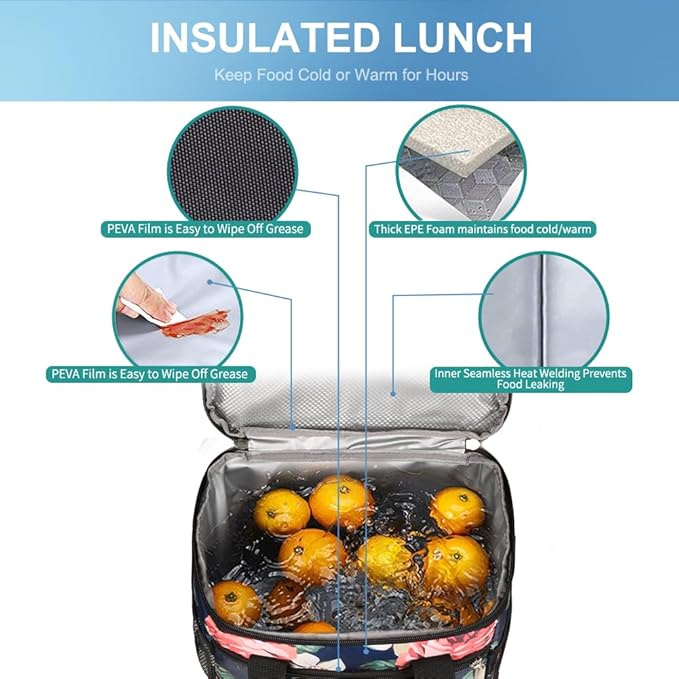 iknoe Large Foldable Cooler Bag, 8.5L Insulated Lunch Bag, Leakproof Lunch Cooler Tote with Multi-Bag Design Suitable for Beach, Picnic and Office Use, Flower 15-Can