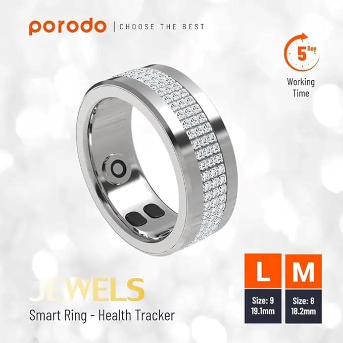 Jewels Smart Ring Health Tracker 18.2mm, 5 Days Working Time, Sports Mode, Sleep Monitor, Heart Rate, Calorie Counter, Blood Oxygen โ Silver