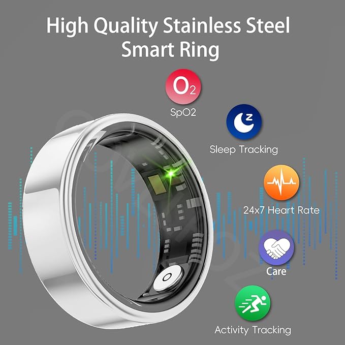 Smart Ring for Women & Men, Smart Ring Health Tracker, Blood Oxygen & Heart Rate Monitor Sleep Ring, Waterproof Fitness Ring, Long Lasting Battery Smart Rings (Silver, 10)