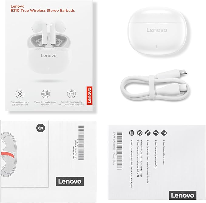 Lenovo E310 True Wireless Stereo Earbuds Bluetooth 5.3 ENC Noise-Cancelling with 13mm Speaker Type-C Charging 20h Battery Life for Music Calls Comfortable Fit Wireless - White