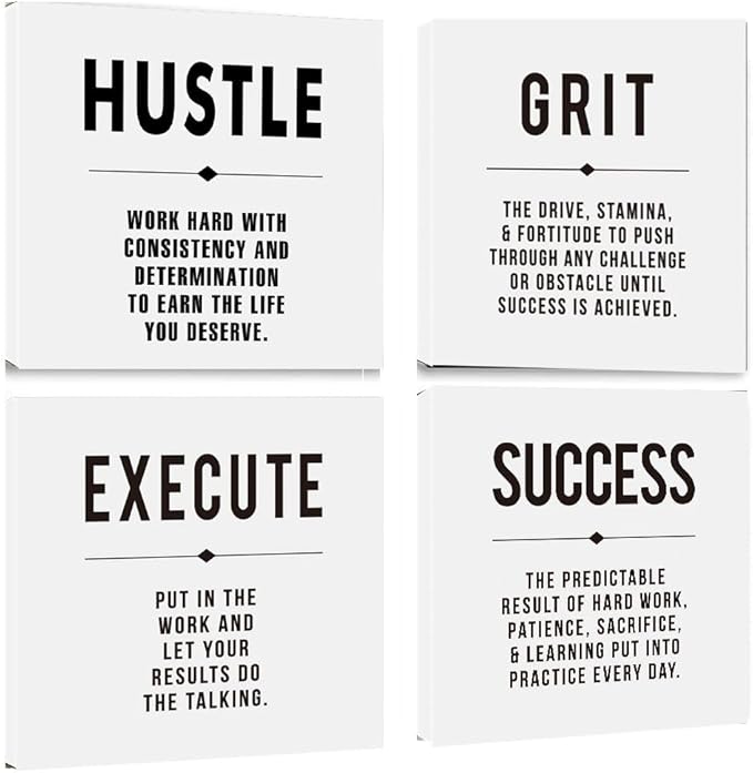 Motivational Grit Success Execute Hustle White Quotes Canvas Wall Art -Inspirational Wall Art Poster Canvas Artwork Picture Print Framed for Home Bedroom-12 x12 x4pcs