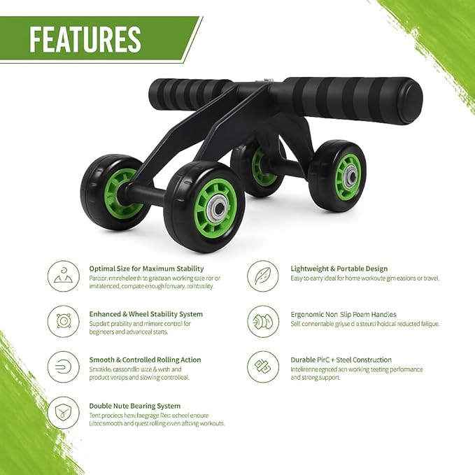 4-Wheel Ab Roller with Knee Pad β Abdominal Exercise Wheel for Core Strength Training, Stable Ab Workout Equipment for Men & Women, Non-Slip Handles, Smooth Bearings, Portable Home Gym Fitness Tool