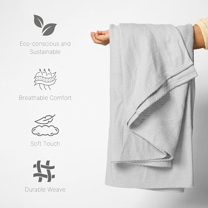 100% Cotton Herringbone Weave Blankets, 90"X90" Queen, Throw Blanket for Bed,All Season Cotton Blanket, Cozy Blanket,Throws Bed Blanket,Throw Blanket for Couch,Modern Home Decor -Light Grey
