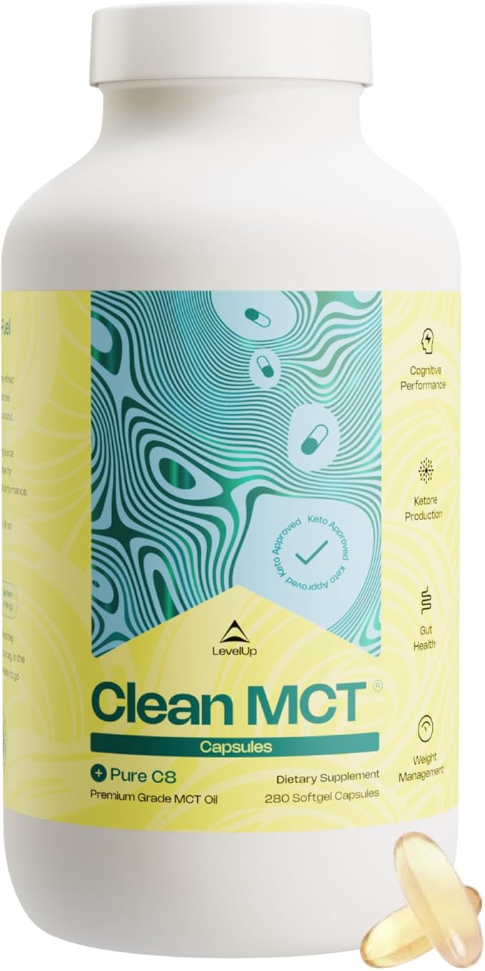 LevelUp Clean MCT Oil Capsules - 100% Caprylic C8 for Energy, Focus, Weight Management, Gut Health, Brain Superfuel - Keto Supplement for Ketogenic Diet and Ketones - Non-GMO (280 Count)