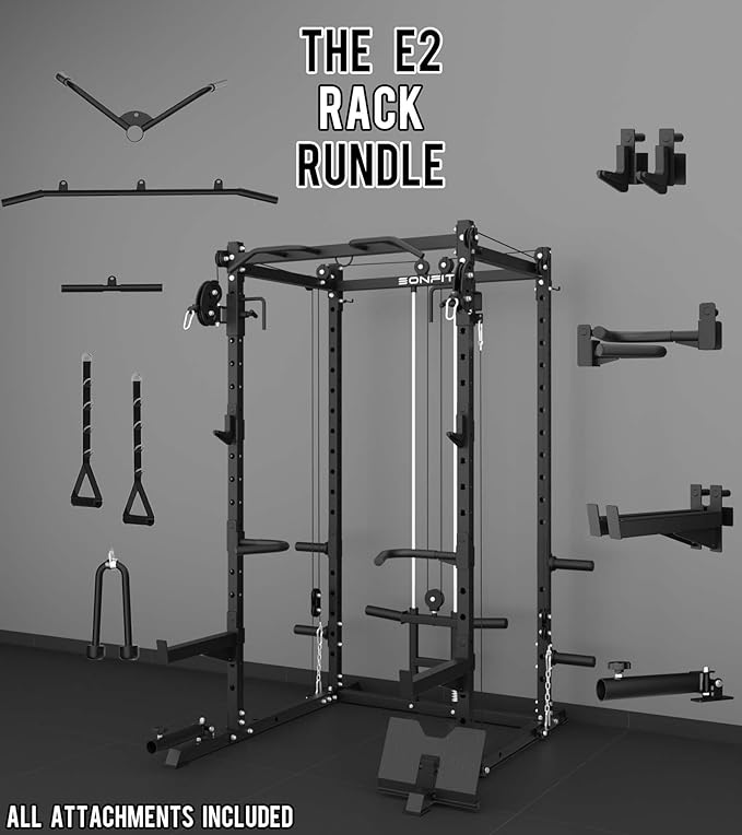 Eonfit E2 Power Cage,1500LB Squat Rack with Cable Crossover System.Multi-Function Power Rack for Home Gum.All-in-One Squat Rack with More Training Attachments