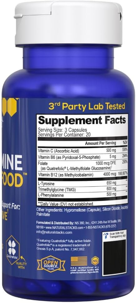 Dopamine Brain Food - 650mg L-Tyrosine Supplement - Dopamine Supplement for Focus & Mental Drive - Supports Mental Energy - Neurotransmitter Support with B Vitamins - 120 Capsules