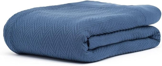 100% Cotton Herringbone Weave Blankets, 108"X90" King, Throw Blanket for Bed,All Season Cotton Blanket, Cozy Blanket,Throws Bed Blanket, Throw Blanket for Couch,Modern Home Decor -Navy Blue