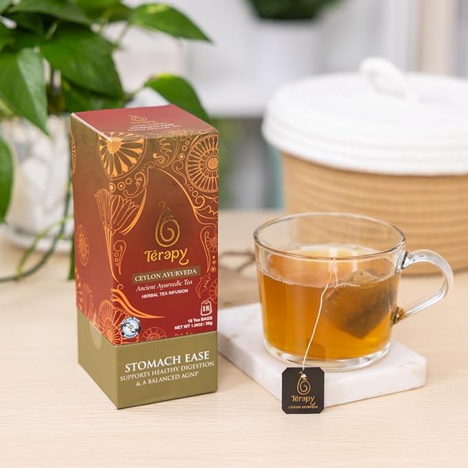 Tรฉrapy Ceylon Stomach Ease Herbal Tea Bags | Soothes Stomach & Supports Healthy Digestion | All Natural Ayurvedic Ingredients Including Peppermint, Ginger, Licorice | 18 Individually Wrapped Tea Bags