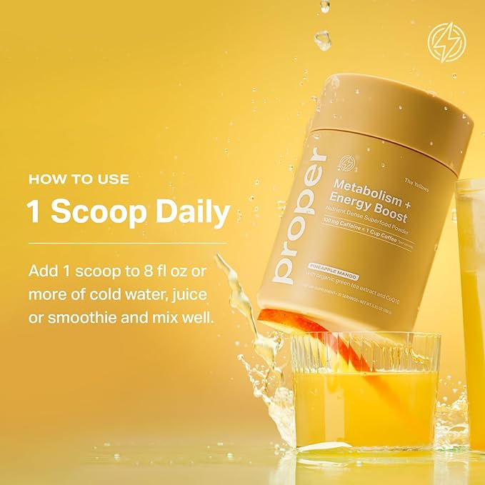 Proper, The Yellows Metabolism and Energy Boost, Sugar Free Energy Drink Powder with 100mg Caffeine. No Creatine or Beta-Alanine. 30 Servings, Pineapple Mango Drink Mix for Men and Women