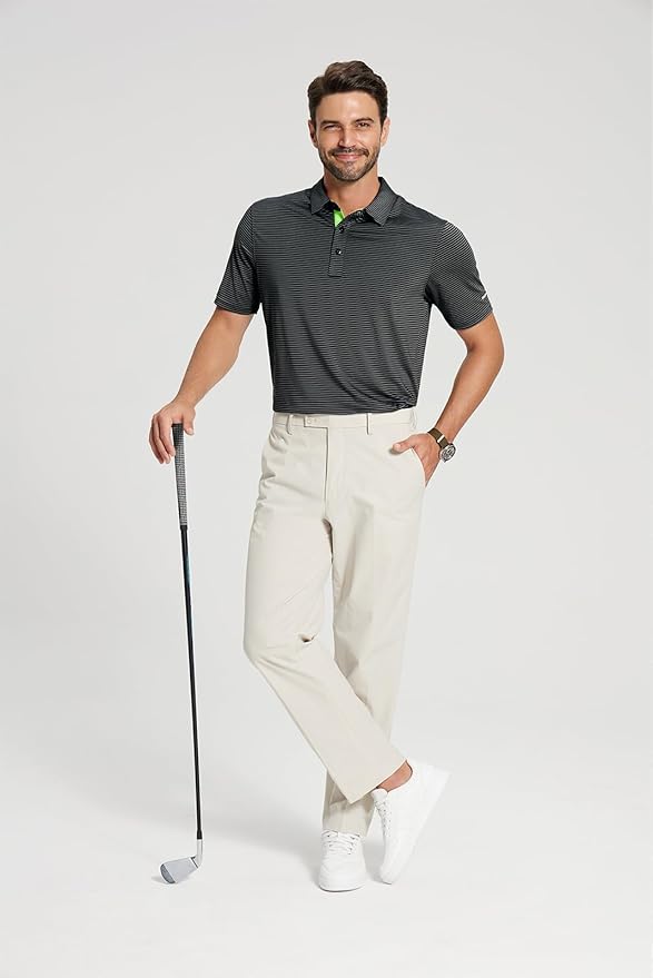 Golf Shirts for Men - Moisture Wicking Short Sleeve Performance Sport Casual Striped Collared Mens Polo Shirt
