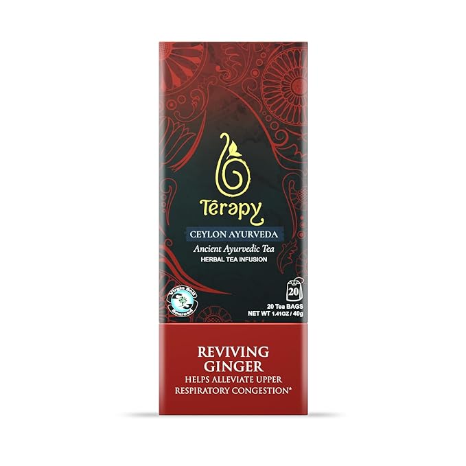 Tรฉrapy Ceylon GINGER & HONEY Tea | Organic Herbal Tea Bags | 100% Natural Ayurvedic Ingredients Including Organic Ginger, Wild Beeโs Honey, Ashwagandha & Lemongrass | 20 Individually Wrapped Tea Bags