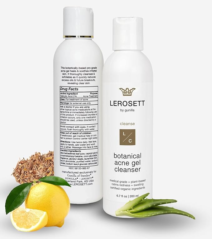 LEROSETT Botanical Acne Cleanser, Foaming Gel Face Wash for Acne Prone, Vegan, Blackheads & Oily Skin 50% Calming Aloe, 2% Salicylic Acid, All Skin Types. Vegan - 6.7oz 60-Day