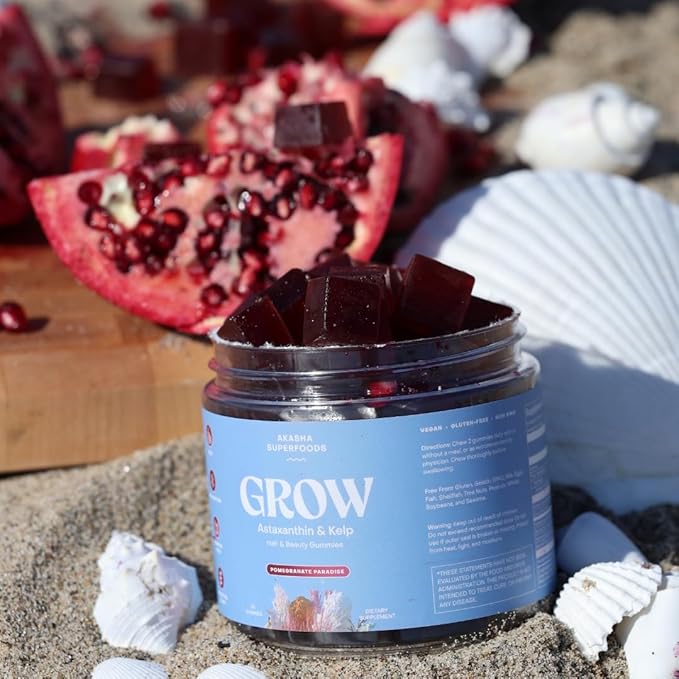 Grow Hair & Beauty Gummies, Supplement with Zinc, Vitamin E, Astaxanthin, Kelp, & Pumpkin Seed, Plant Based Gummies for Women & Men, Gluten Free, Vegan, American Made, 60 Count