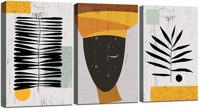 Framed Canvas Wall Art African Ethno Motive Wall Art Set, Abstract Ethno Art, African American Woman Portrait, Black Orange Print, Contemporary Collage, Minimalist (A-3pcs,16x24inchx3pcs)