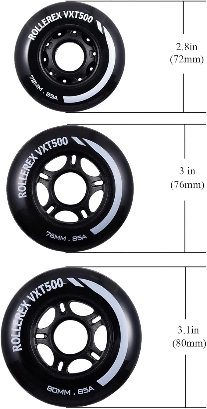 Rollerex VXT500 Inline Skate Wheels (8 Wheels w/Bearings, spacers and washers) (Various Size & Color Options Available) - for Indoor, Outdoor, Hockey - Intended for Roller Blade Wheel Replacement