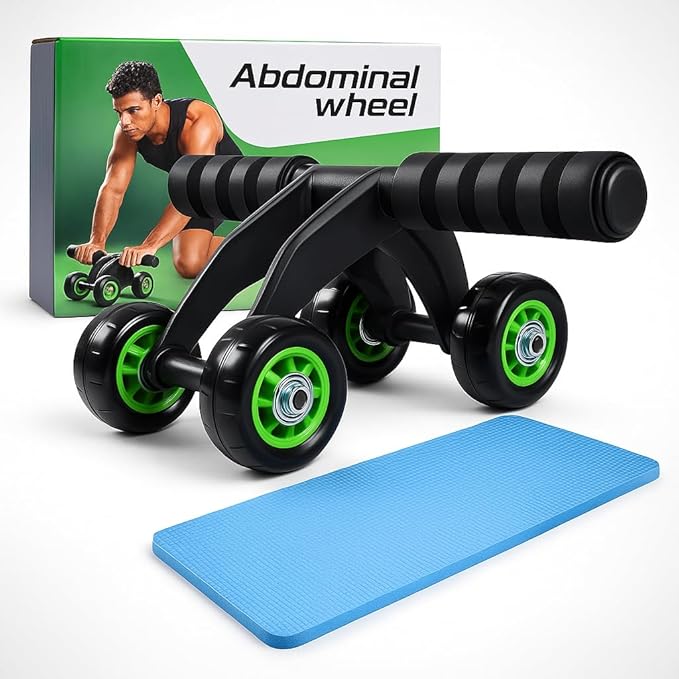 4-Wheel Ab Roller with Knee Pad β Abdominal Exercise Wheel for Core Strength Training, Stable Ab Workout Equipment for Men & Women, Non-Slip Handles, Smooth Bearings, Portable Home Gym Fitness Tool