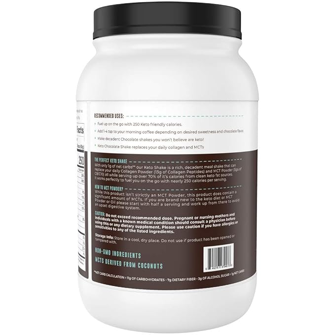 Keto Meal Replacement Shakes, Chocolate, 2lbs, Low Carb Keto Protein Shake Mix, MCT Powder, Grass Fed Hydrolyzed Collagen Peptides, Keto Breakfast Shake, 20g Fat, 14g Protein, 1 Net Carb, Zero Sugar