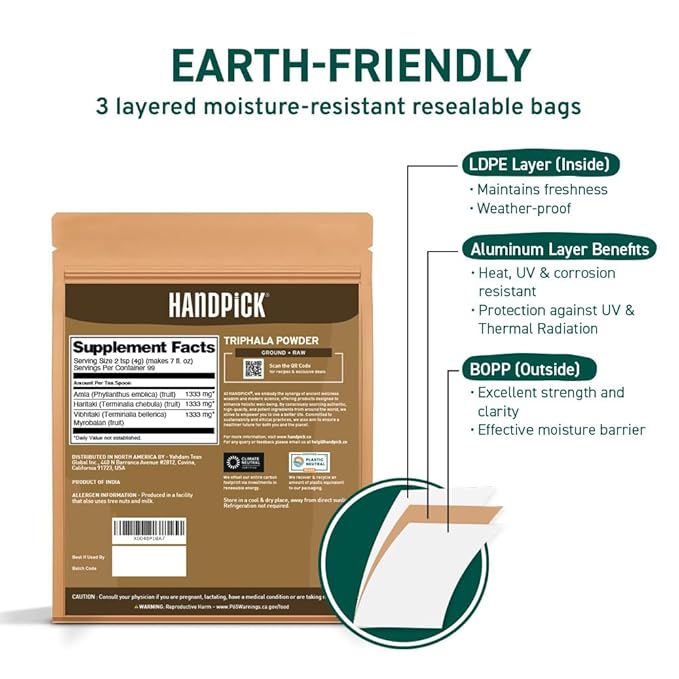HANDPICK Triphala Powder (397g/14oz) Non GMO, Gluten Free, 100% Raw, Sourced from India, Herbal Formula of Amla, Haritaki, Bibhitaki, Packed in Resealable Zip Lock Pouch