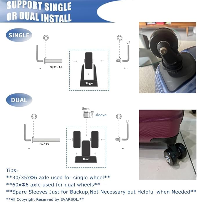 Replacement Wheels for Trolley Suitcases - 60mm 4-Piece Set with Axles, Swivel Rubber Inline & Roller Bearings