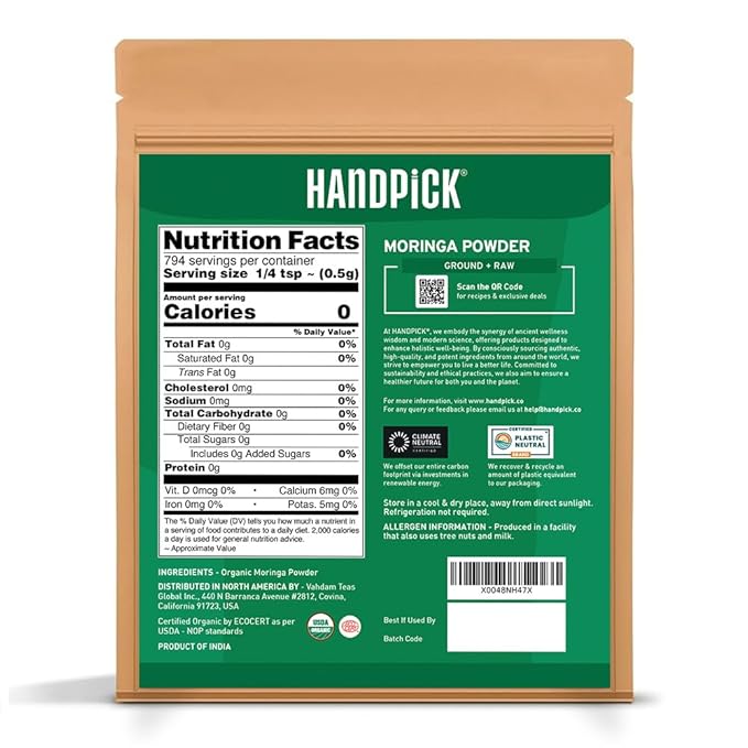 HANDPICK USDA Organic Moringa Powder (397g/14oz) Pure Moringa Oleifera Leaf Powder | Authentic Indian Origin | Gluten Free, Non-GMO | Perfect for Smoothies, Drinks, Tea & Recipes