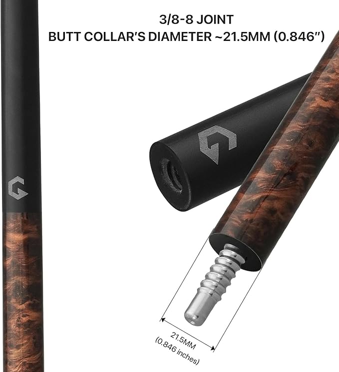 RHINO G-w Series Pool Cue - Amboyna, Bocote, Ebony, Snakewood, Thuya - 3/8-8 Joint - 12.5 mm Tip Diameter