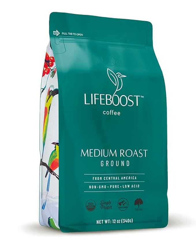 Lifeboost Coffee Ground Medium Roast Coffee - Low Acid Single Origin USDA Organic Coffee - Non-GMO Ground Coffee Third Party Tested For Mycotoxins & Pesticides - 12 Ounces