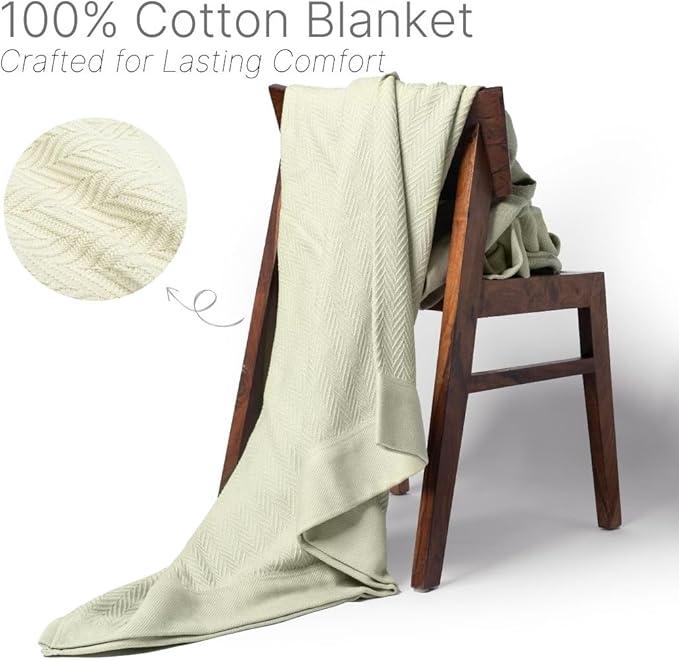 100% Cotton Herringbone Weave Blankets, 66" X 90" Twin, Throw Blanket for Bed, All Season Cotton Blanket, Cozy Blanket,Throws & Bed Blanket, Throw Blanket for Couch, Modern Home Decor -Sage