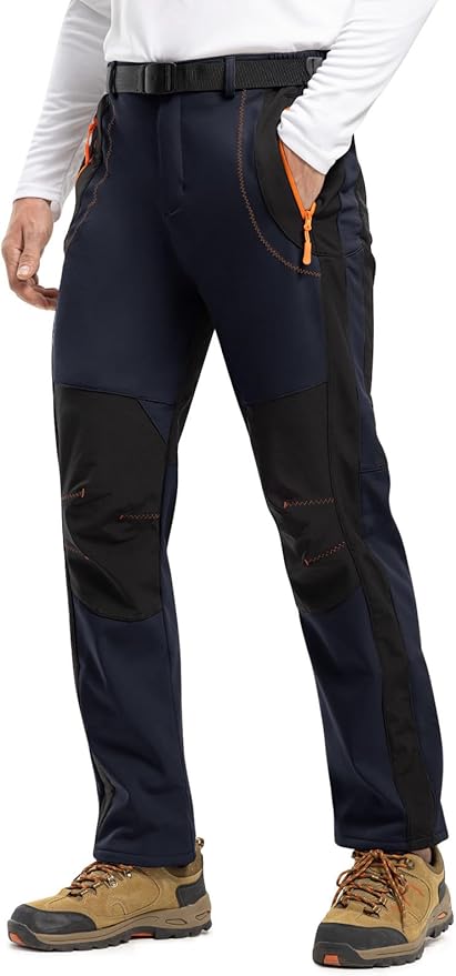 TBMPOY Men's Snow Ski Hiking Pants Waterproof Winter Fleece Lined Pants Camping Skiing Ice Fishing Pants with Belt