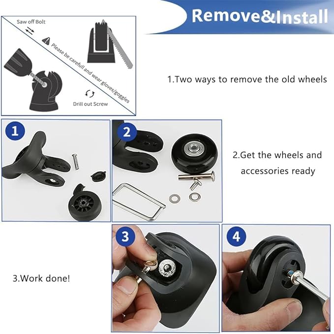 Replacement Wheels for Trolley Suitcases - 60mm 4-Piece Set with Axles, Swivel Rubber Inline & Roller Bearings
