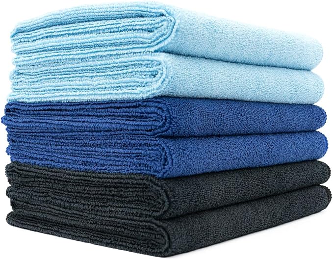 The Rag Company Microfiber Spa and Yoga Towel - Soft and Absorbent Towel for Gym, Spa, Exercise, Hotel, and Resort Use - Dries Fast - 16x27 inches - Light Blue, Royal Blue, Black, 6-Pack