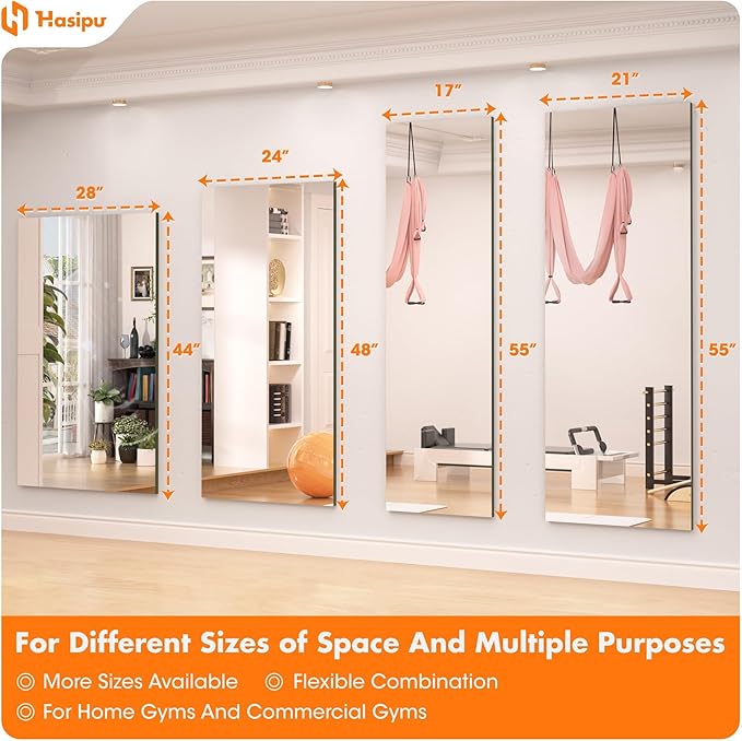 Hasipu Home Gym Mirror 55" L x 17" W - 2PCS Large Full Body Mirror for Yoga, Wall-Mounted Mirrors for Fitness, Garage, Dance Studio, 0.16in Tempered Glass Frameless
